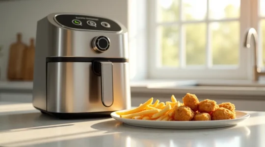 Une friteuse électrique moderne avec des aliments variés frits disposés alentour, mettant en avant la polyvalence de la cuisson à la friteuse
