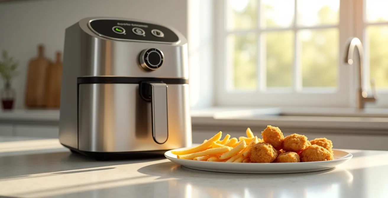 Une friteuse électrique moderne avec des aliments variés frits disposés alentour, mettant en avant la polyvalence de la cuisson à la friteuse