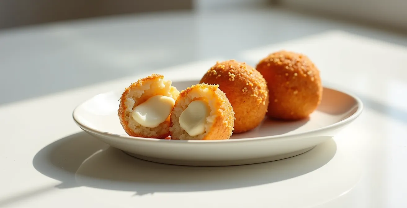 Trois arancini dorés disposés en ligne, montrant la transformation du risotto froid en bouchées croustillantes frites