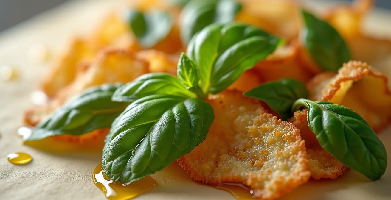 Gros plan sur des feuilles de basilic et persil frais croustillantes, avec des gouttelettes d'huile étincelantes, illustrant la technique du flash-fry