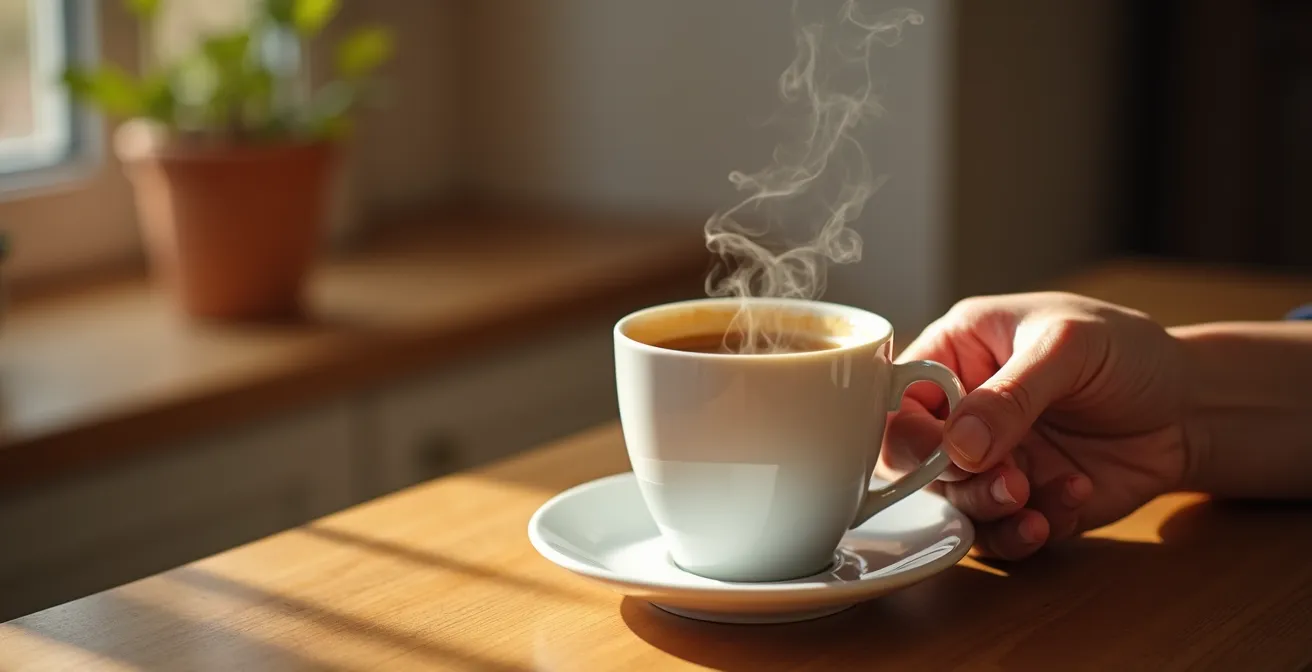 Main tenant une tasse de café avec vapeur montrant les arômes