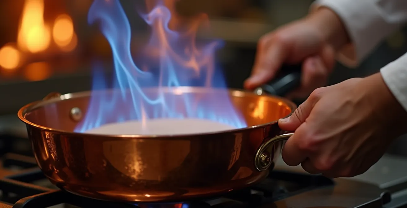 Gros plan sur les mains d'un chef exécutant un geste technique précis en cuisine