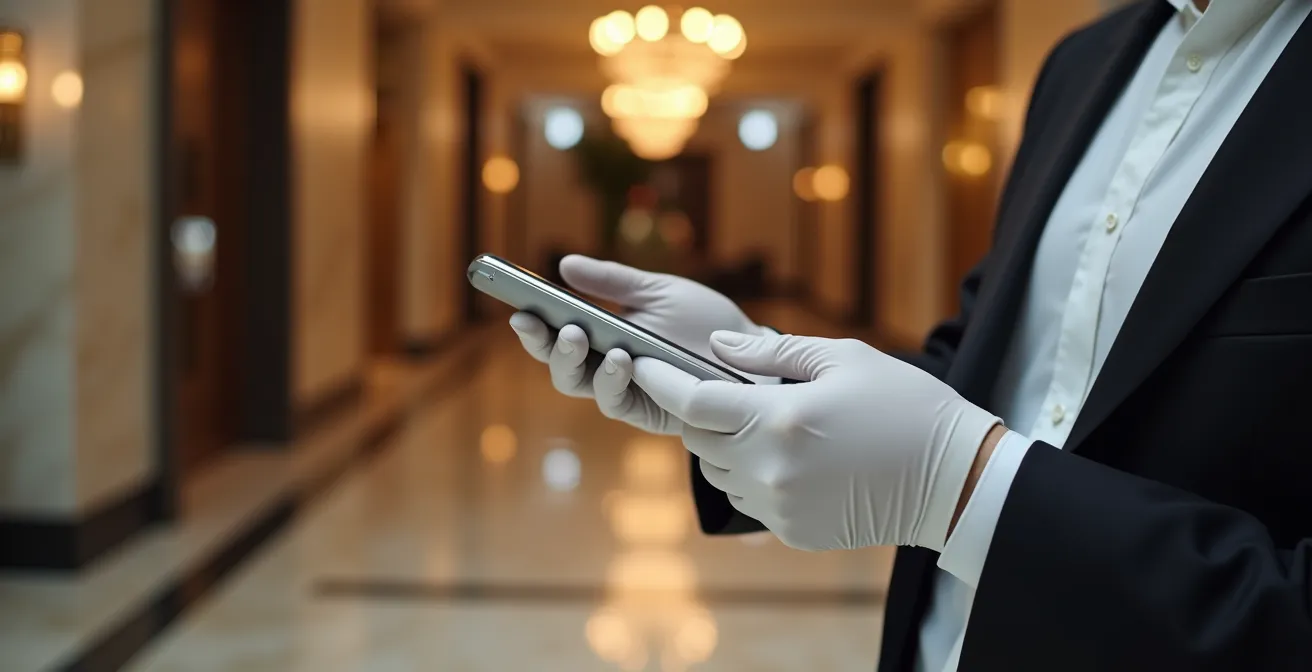 Main gantée d'un concierge tenant un plateau d'argent dans un hall d'hôtel luxueux