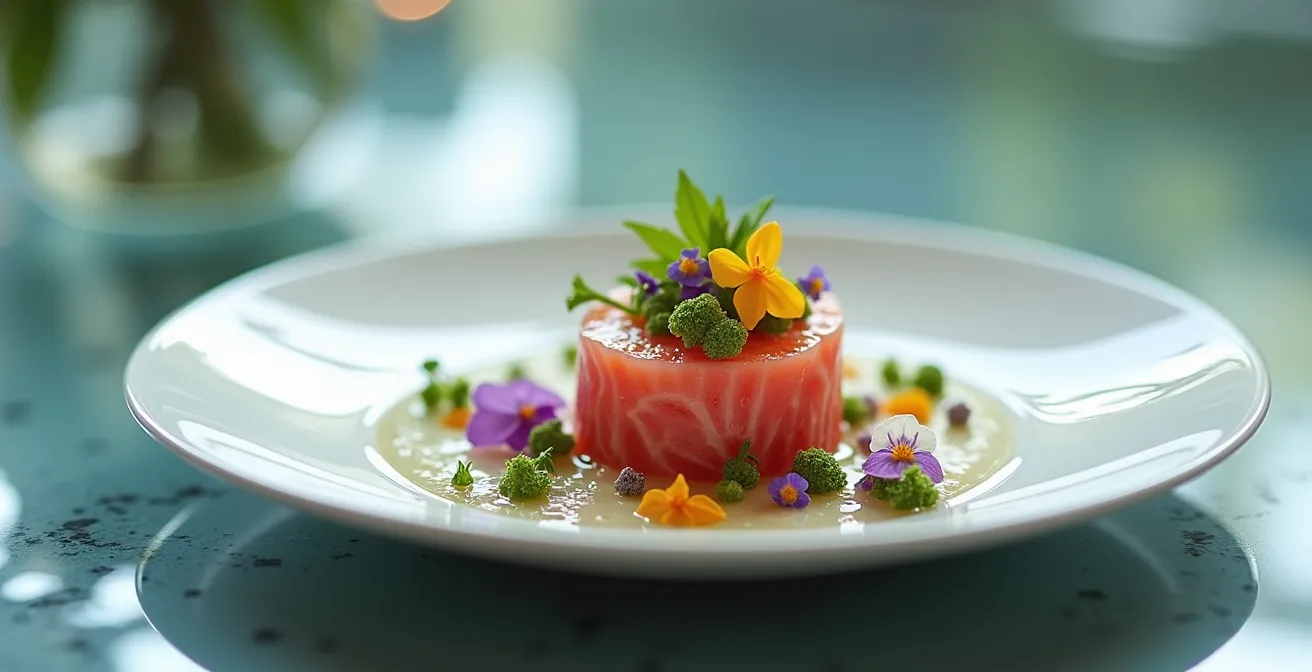 Gros plan sur une assiette raffinée avec reflets d'eau en arrière-plan