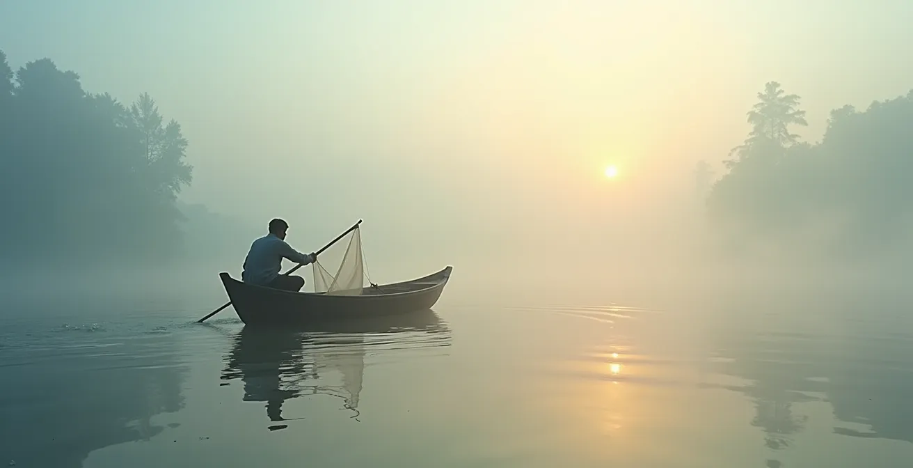 Pêcheur traditionnel sur barque dans la brume matinale du lac