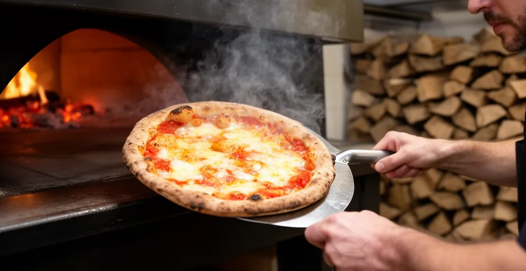 Pizza napolitaine sortant du four à bois avec croûte dorée alvéolée