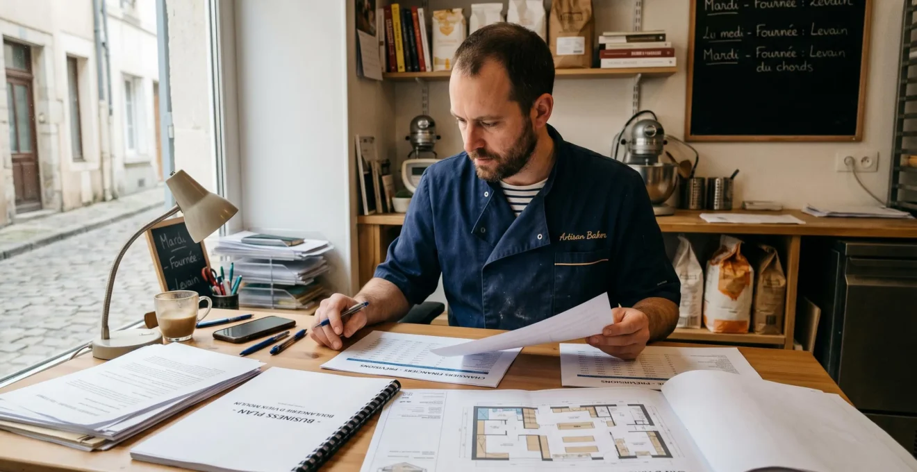 Artisan boulanger examinant des documents de financement et plans d'installation sur son bureau de travail