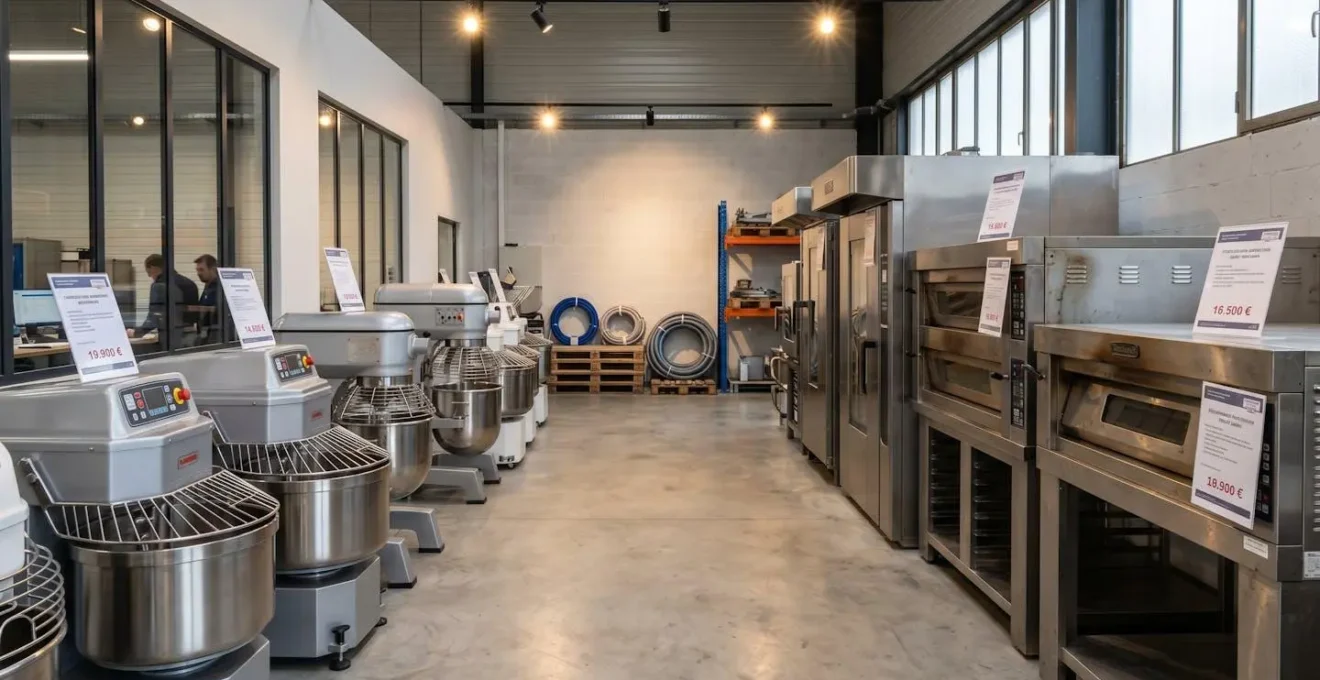 Showroom de matériel de boulangerie professionnel présentant pétrins et fours d'occasion rénovés avec étiquetage